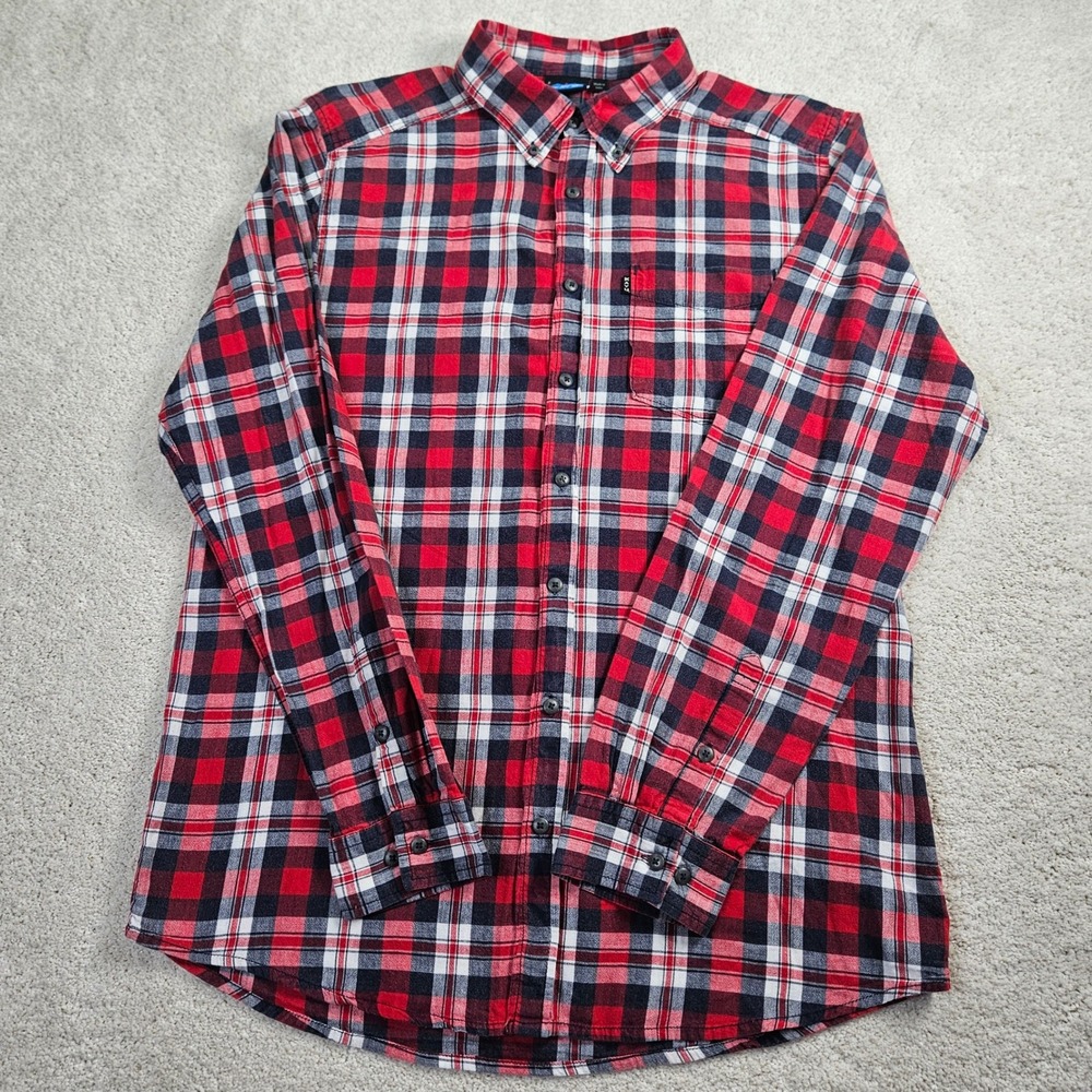 KAVU Mens Flannel Shirt Size L 100% Cotton Red Navy White Plaid Button Up Pocket